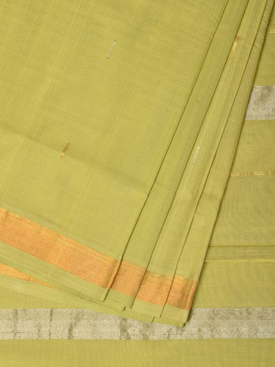 Light Green Khadi Cotton Handloom Saree with Buta and Strip Pallu Design - Global Threads | Swadesiicart