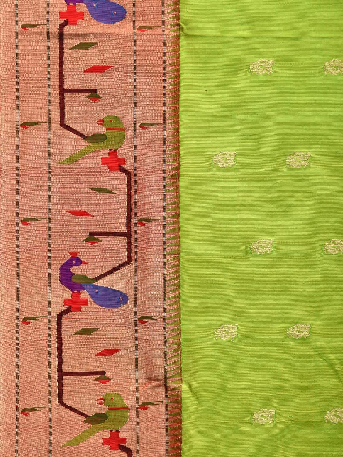 Light Green Paithani Silk Handloom Saree with Peacock-Parrot Border Design - Global Threads | Swadesiicart