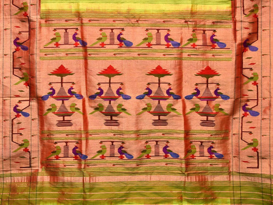 Light Green Paithani Silk Handloom Saree with Peacock-Parrot Border Design - Global Threads | Swadesiicart