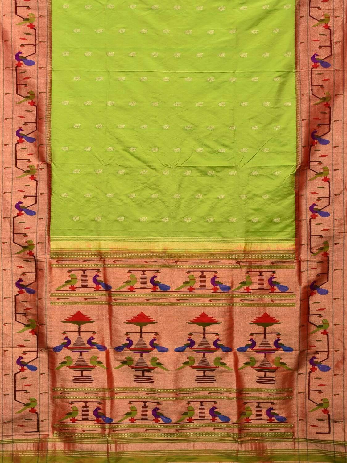 Light Green Paithani Silk Handloom Saree with Peacock-Parrot Border Design - Global Threads | Swadesiicart