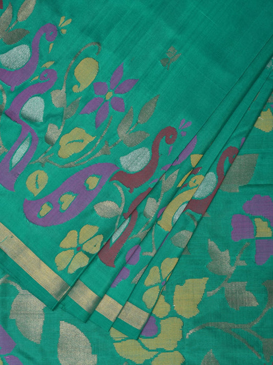 Light Green Uppada Silk Handloom Saree with Peacocks Border and Floral Pallu Design - Global Threads | Swadesiicart