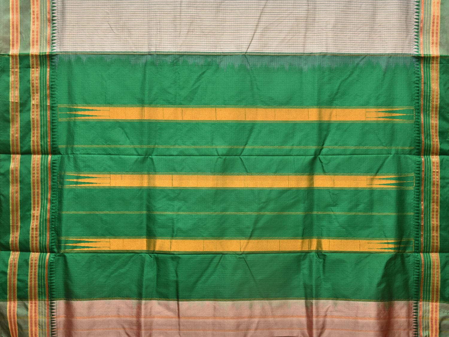 Light Grey and Green Narayanpet Silk Handloom Saree with Checks Design No Blouse - Global Threads | Swadesiicart