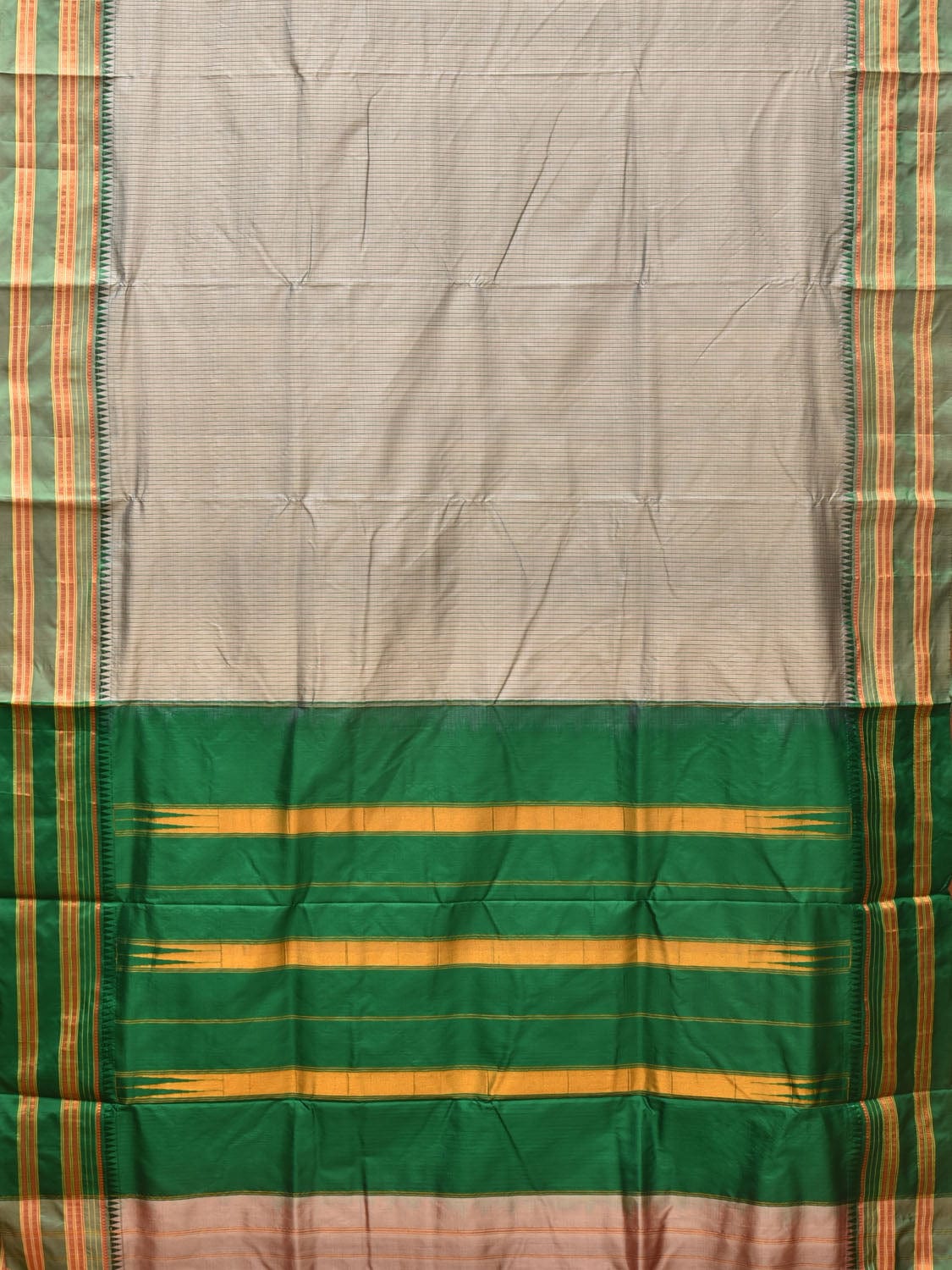 Light Grey and Green Narayanpet Silk Handloom Saree with Checks Design No Blouse - Global Threads | Swadesiicart