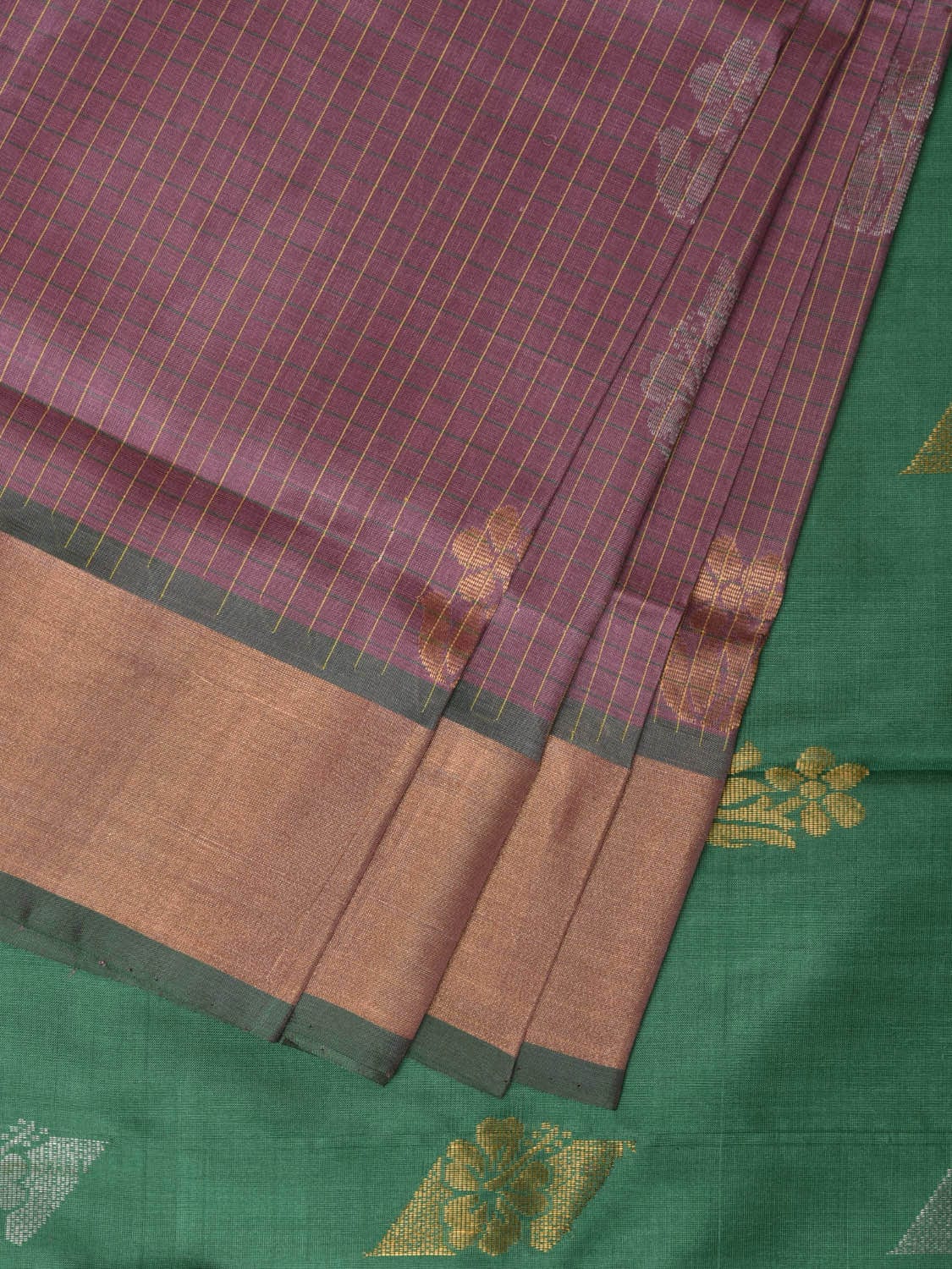 Light Grey and Light Green Uppada Silk Handloom Saree with Body Buta and Checks Design - Global Threads | Swadesiicart