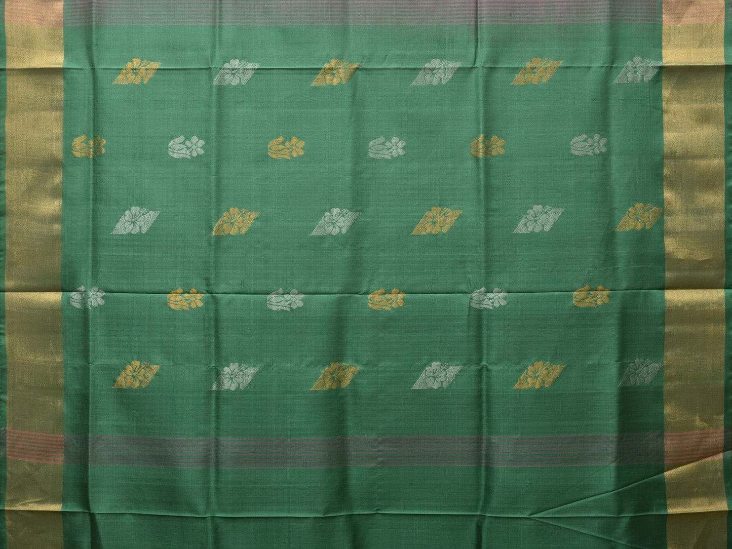 Light Grey and Light Green Uppada Silk Handloom Saree with Body Buta and Checks Design - Global Threads | Swadesiicart