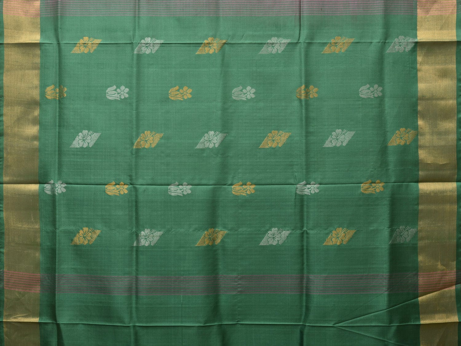 Light Grey and Light Green Uppada Silk Handloom Saree with Body Buta and Checks Design - Global Threads | Swadesiicart