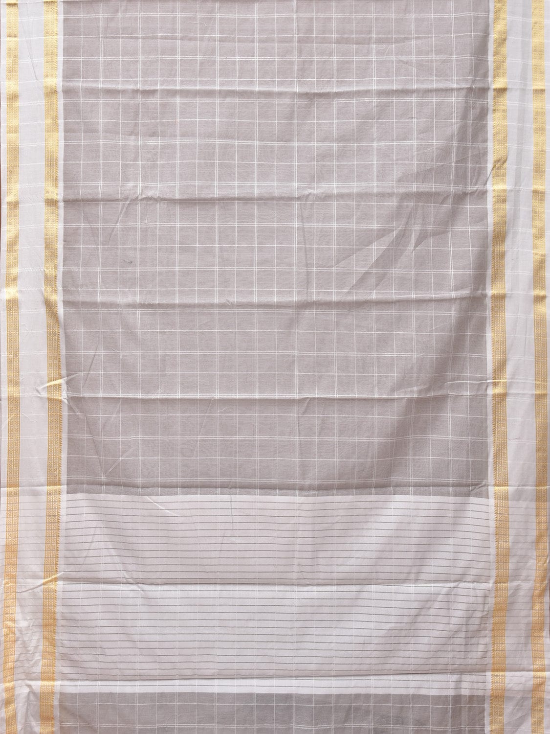 Light Grey Bamboo Cotton Saree with Big Checks and Doby Border Design - Global Threads | Swadesiicart