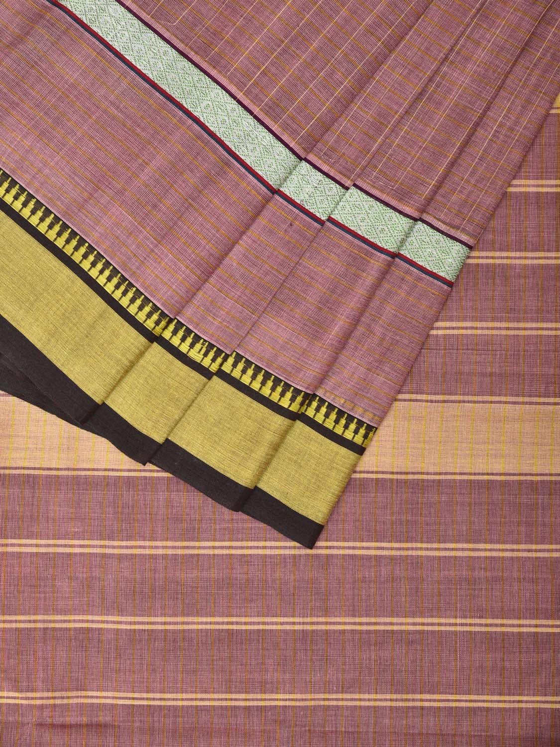 Light Mauve Narayanpet Cotton Handloom Saree with Checks and Big Border Design No Blouse - Global Threads | Swadesiicart