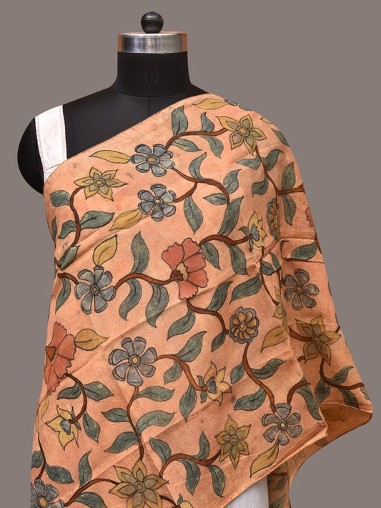 Light Orange Kalamkari Hand Painted Sico Stole with Floral Design - Global Threads | Swadesiicart