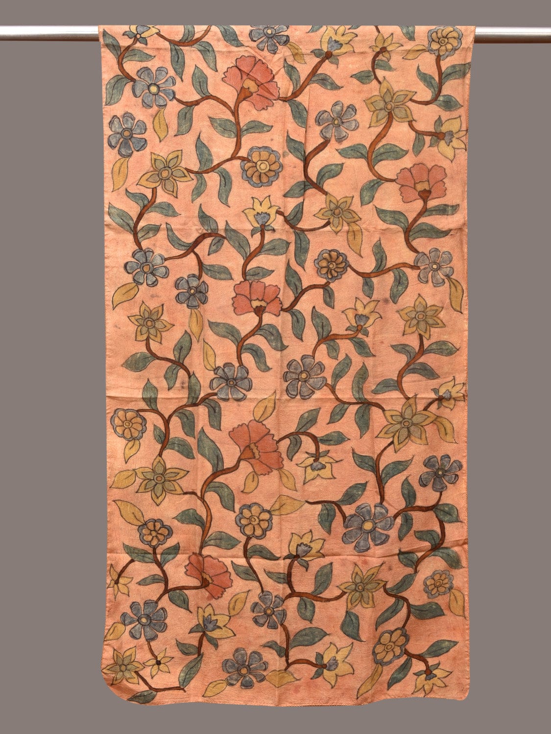 Light Orange Kalamkari Hand Painted Sico Stole with Floral Design - Global Threads | Swadesiicart