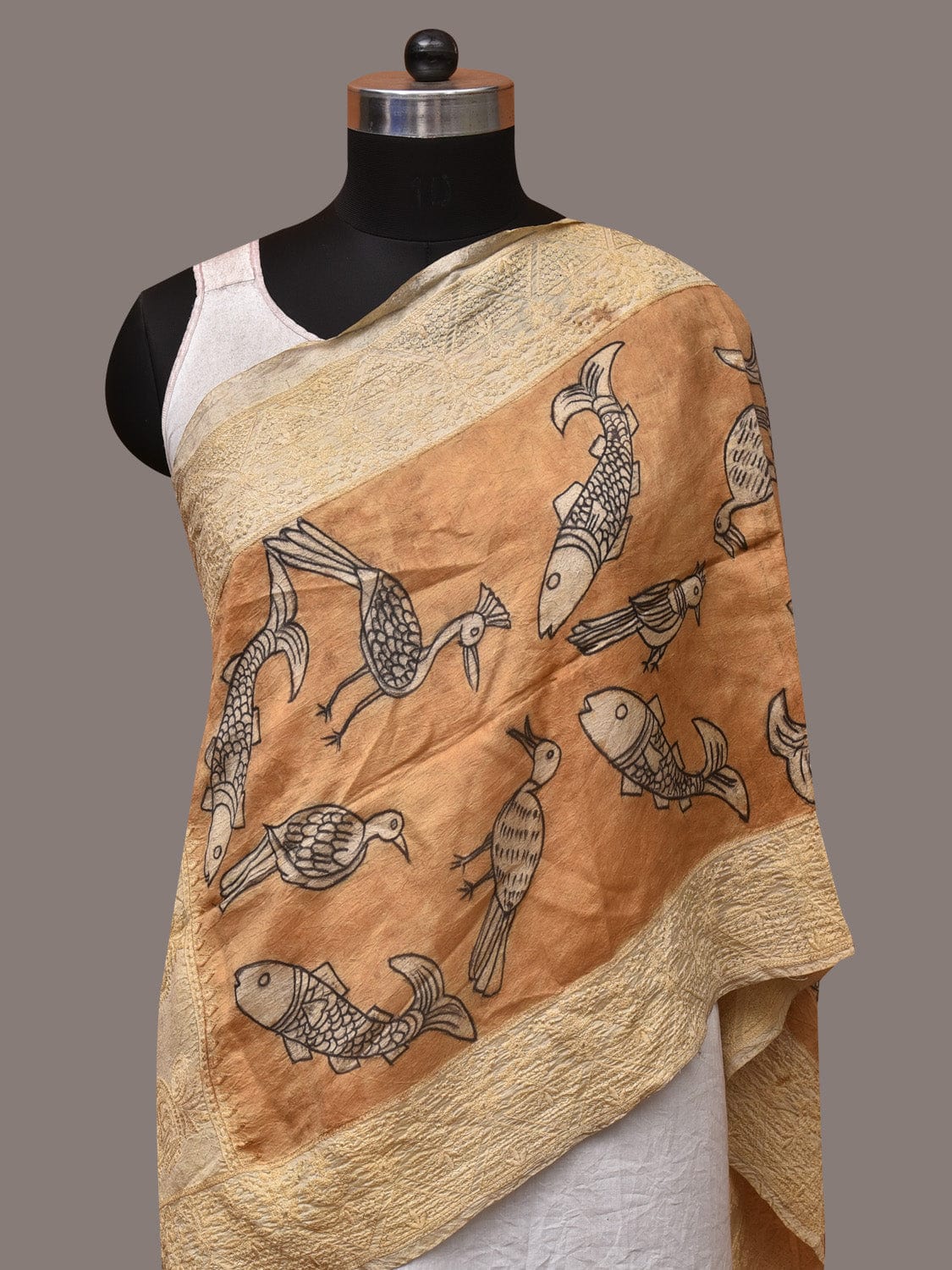Light Orange Kalamkari Hand Painted Tussar Handloom Stole with Birds, Fishes and Embroidery Design - Global Threads | Swadesiicart