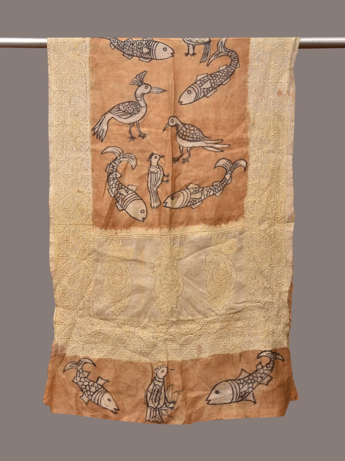 Light Orange Kalamkari Hand Painted Tussar Handloom Stole with Birds, Fishes and Embroidery Design - Global Threads | Swadesiicart