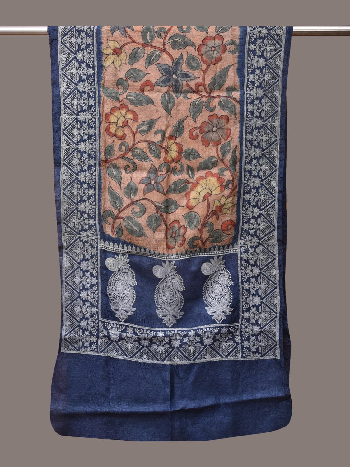 Light Peach and Blue Kalamkari Hand Painted Tussar Handloom Stole with Floral and Embroidery Design - Global Threads | Swadesiicart