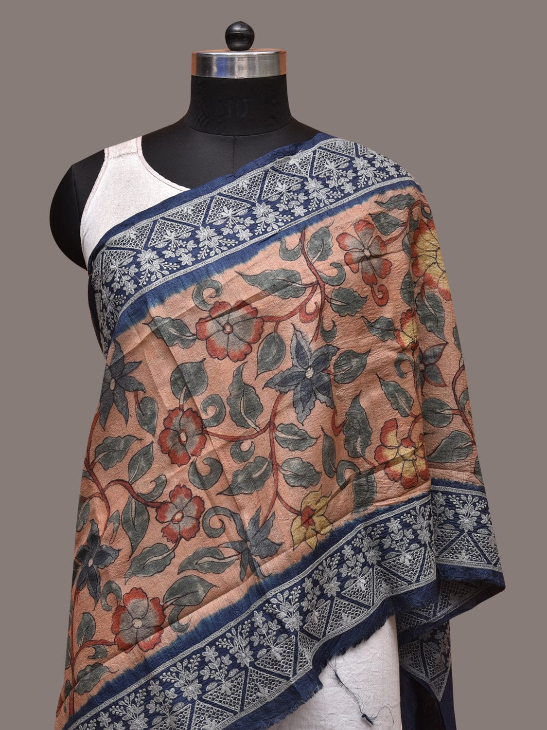 Light Peach and Blue Kalamkari Hand Painted Tussar Handloom Stole with Floral and Embroidery Design - Global Threads | Swadesiicart