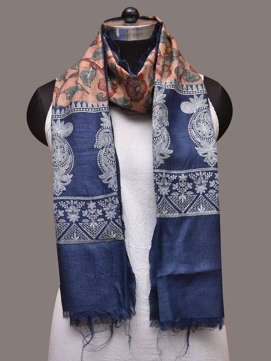Light Peach and Blue Kalamkari Hand Painted Tussar Handloom Stole with Floral and Embroidery Design - Global Threads | Swadesiicart