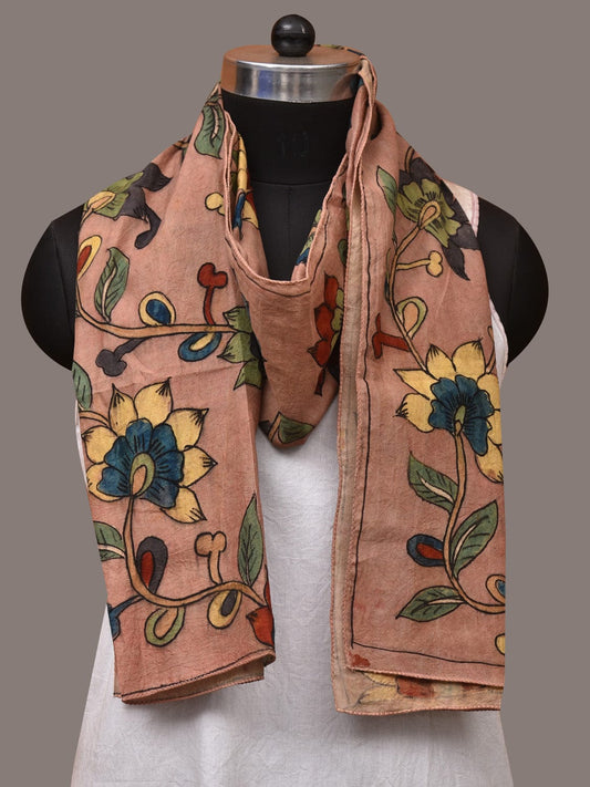 Light Peach Kalamkari Hand Painted Sico Stole with Floral Design - Global Threads | Swadesiicart