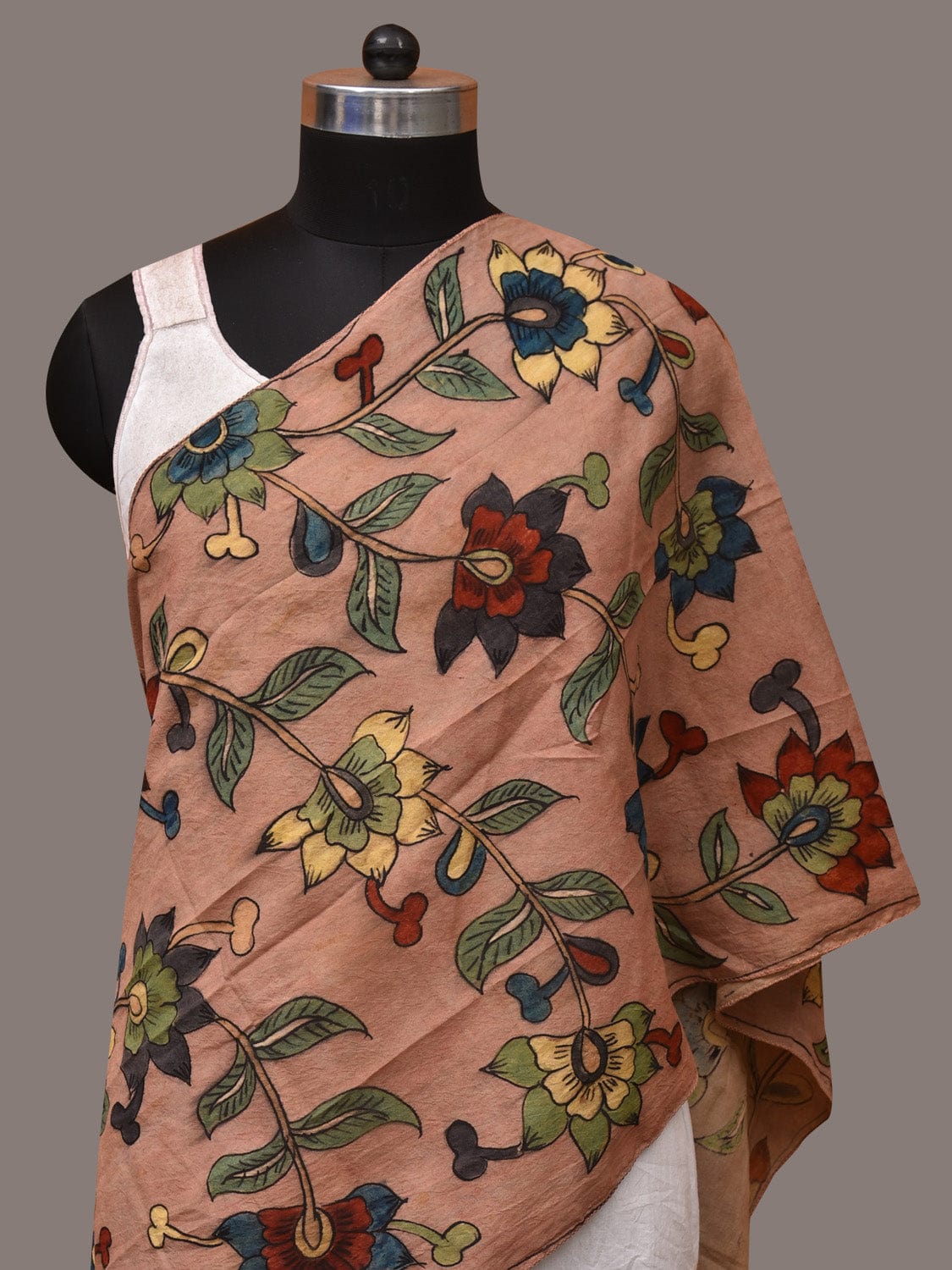 Light Peach Kalamkari Hand Painted Sico Stole with Floral Design - Global Threads | Swadesiicart
