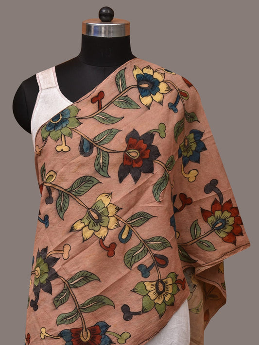 Light Peach Kalamkari Hand Painted Sico Stole with Floral Design - Global Threads | Swadesiicart