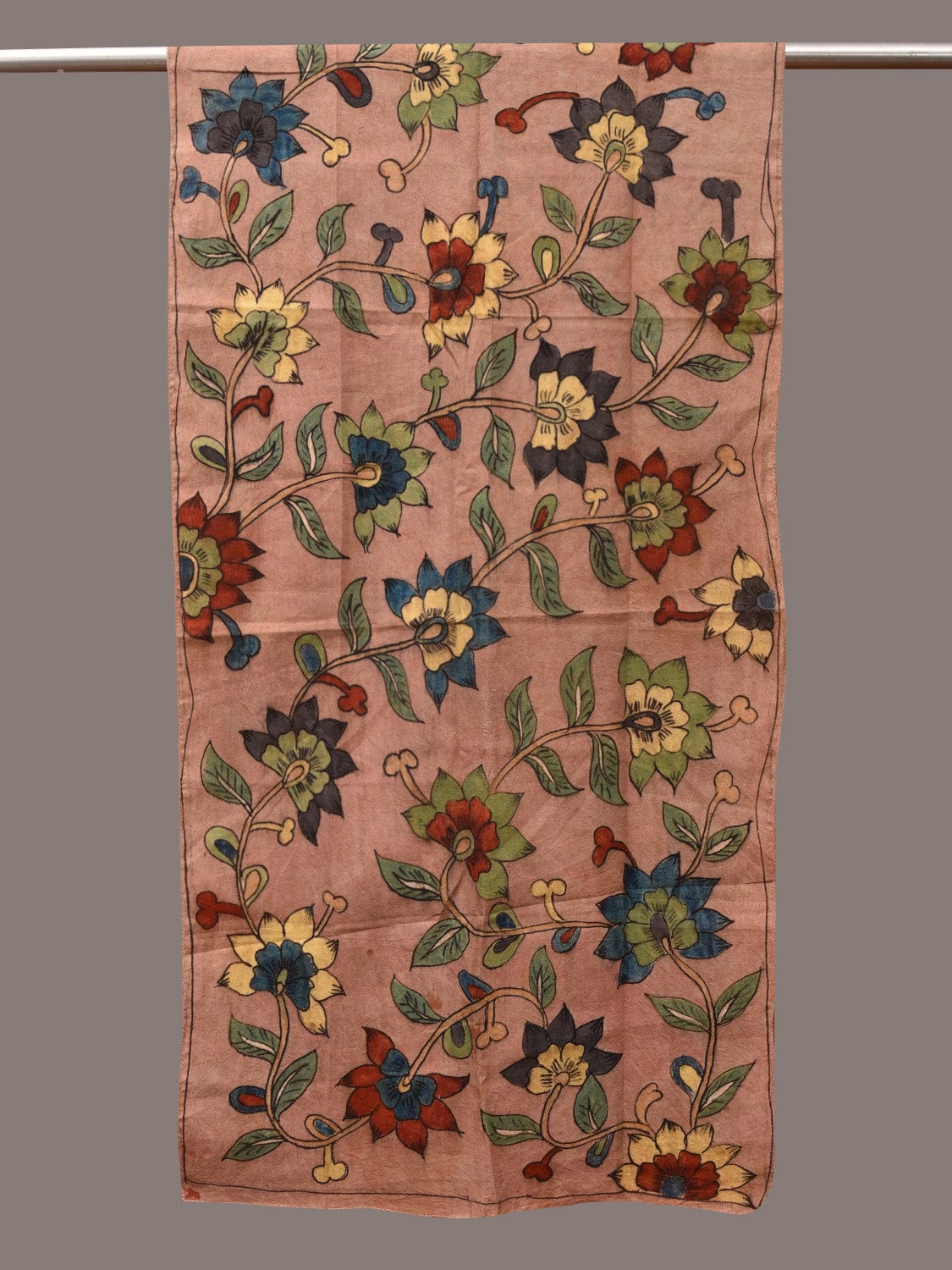 Light Peach Kalamkari Hand Painted Sico Stole with Floral Design - Global Threads | Swadesiicart