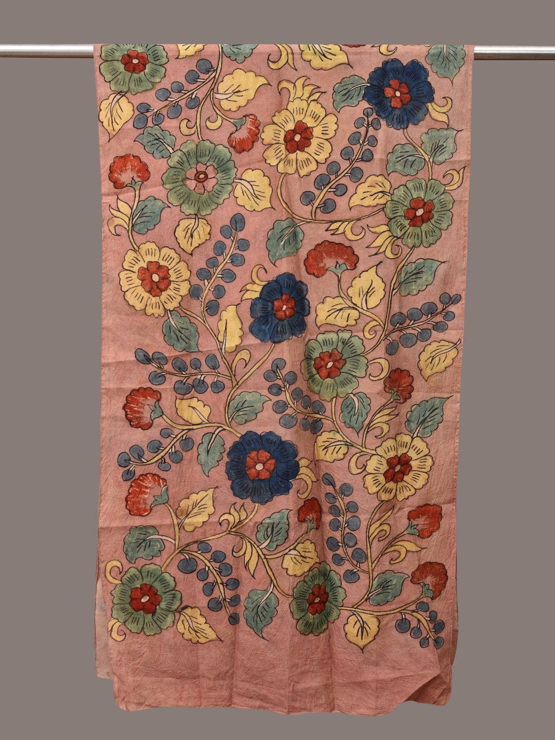 Light Peach Kalamkari Hand Painted Sico Stole with Floral Design - Global Threads | Swadesiicart