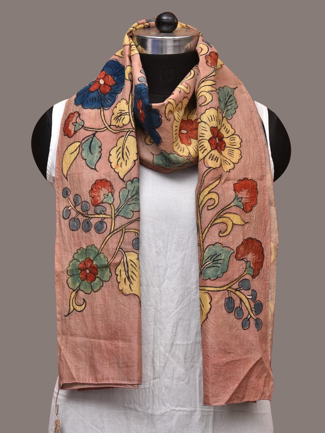 Light Peach Kalamkari Hand Painted Sico Stole with Floral Design - Global Threads | Swadesiicart