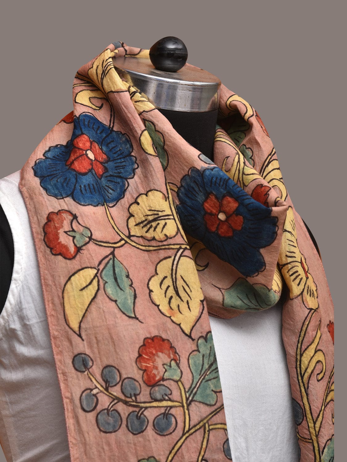 Light Peach Kalamkari Hand Painted Sico Stole with Floral Design - Global Threads | Swadesiicart