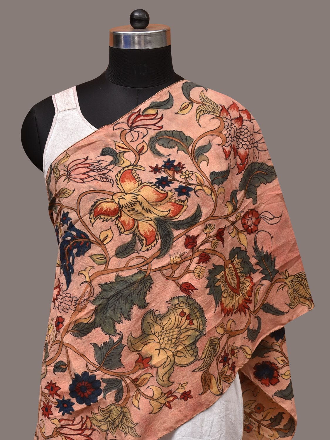 Light Peach Kalamkari Hand Painted Sico Stole with Tree of Life Design - Global Threads | Swadesiicart