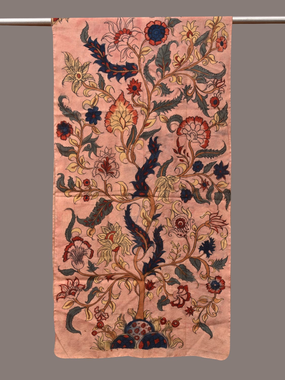 Light Peach Kalamkari Hand Painted Sico Stole with Tree of Life Design - Global Threads | Swadesiicart