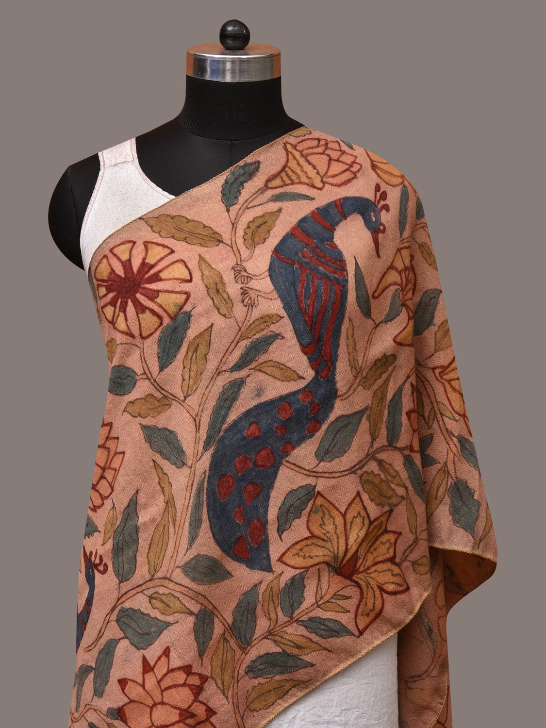 Light Peach Kalamkari Hand Painted Woolen Handloom Stole with Floral and Peacocks Design - Global Threads | Swadesiicart
