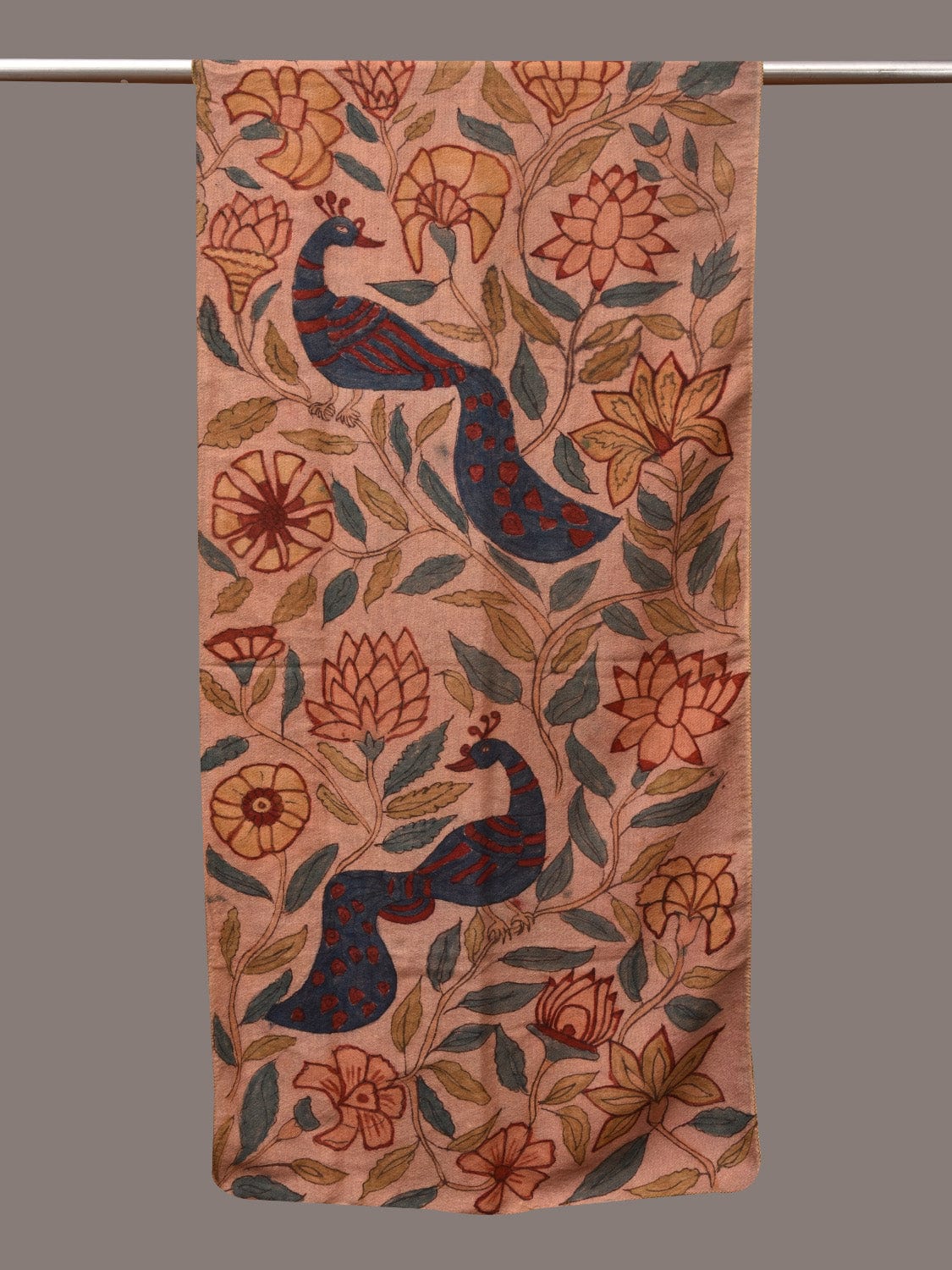 Light Peach Kalamkari Hand Painted Woolen Handloom Stole with Floral and Peacocks Design - Global Threads | Swadesiicart