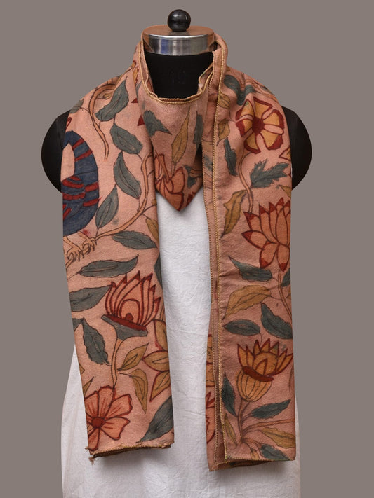 Light Peach Kalamkari Hand Painted Woolen Handloom Stole with Floral and Peacocks Design - Global Threads | Swadesiicart