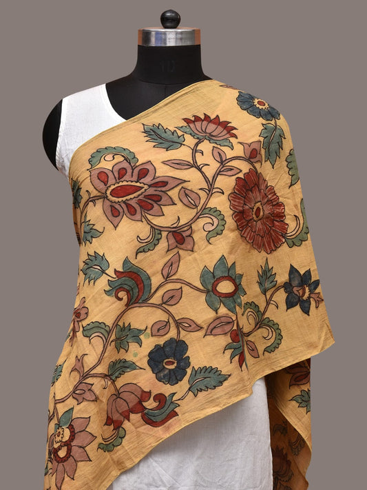 Light Yellow Kalamkari Hand Painted Cotton Stole with Floral Design - Global Threads | Swadesiicart