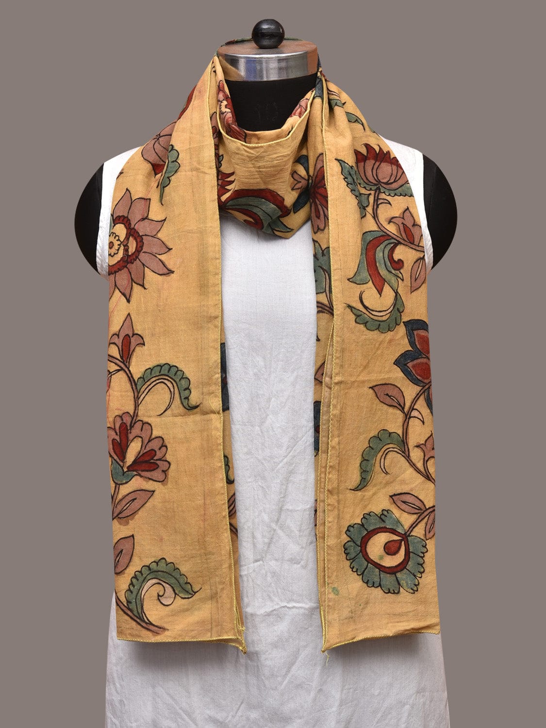 Light Yellow Kalamkari Hand Painted Cotton Stole with Floral Design - Global Threads | Swadesiicart