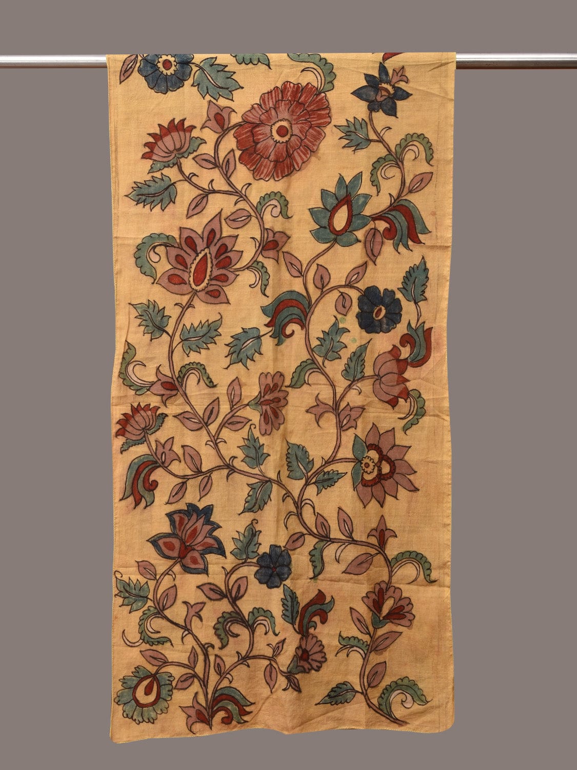 Light Yellow Kalamkari Hand Painted Cotton Stole with Floral Design - Global Threads | Swadesiicart