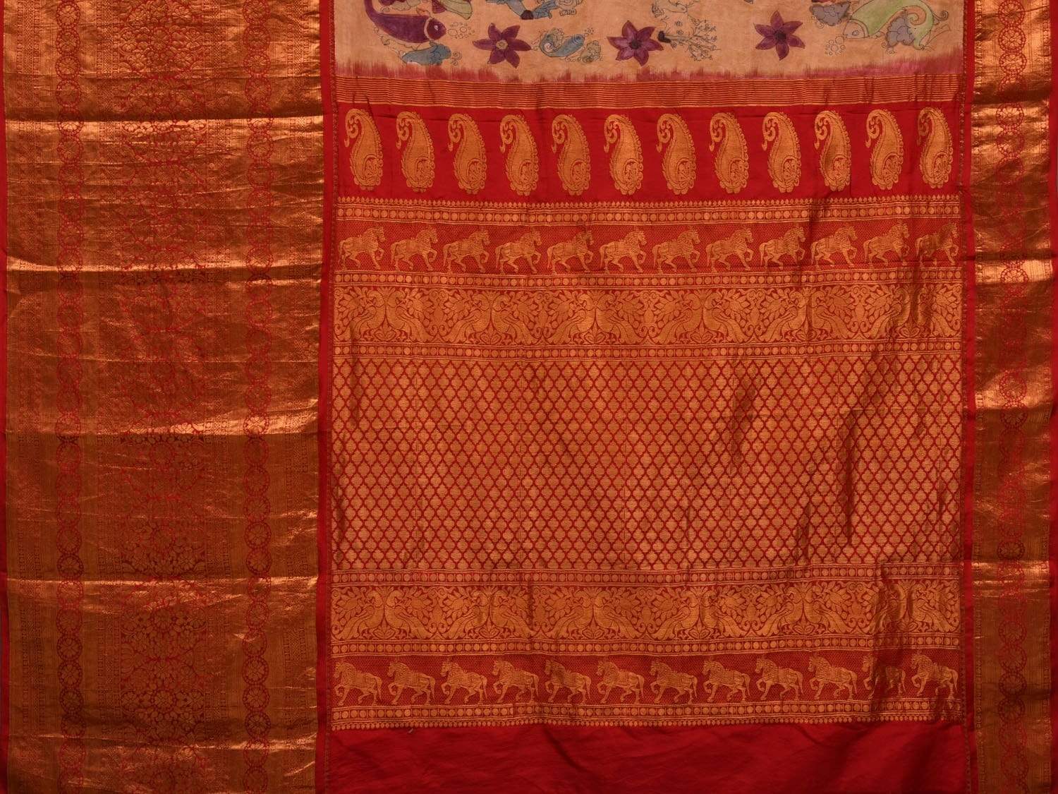 Light Yellow Kalamkari Hand Painted Kanchipuram Silk Handloom Saree with Dashavatar Design - Global Threads | Swadesiicart