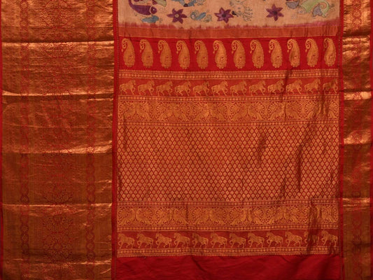 Light Yellow Kalamkari Hand Painted Kanchipuram Silk Handloom Saree with Dashavatar Design - Global Threads | Swadesiicart