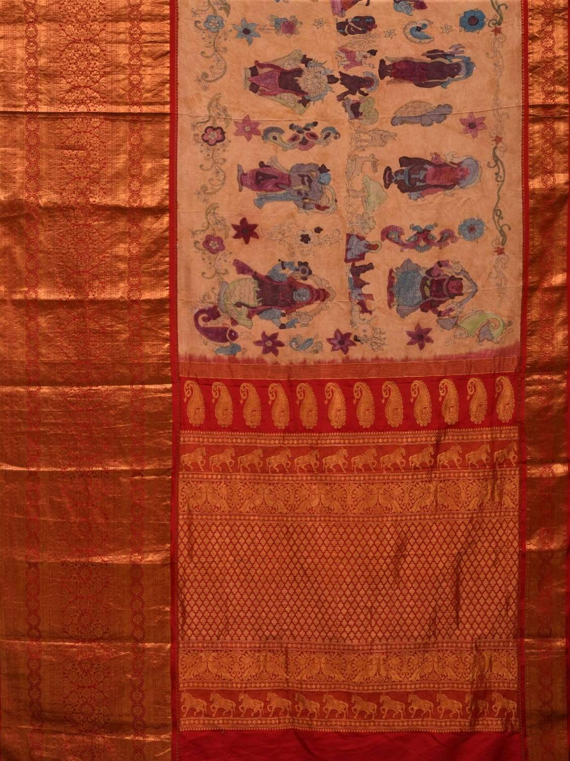 Light Yellow Kalamkari Hand Painted Kanchipuram Silk Handloom Saree with Dashavatar Design - Global Threads | Swadesiicart