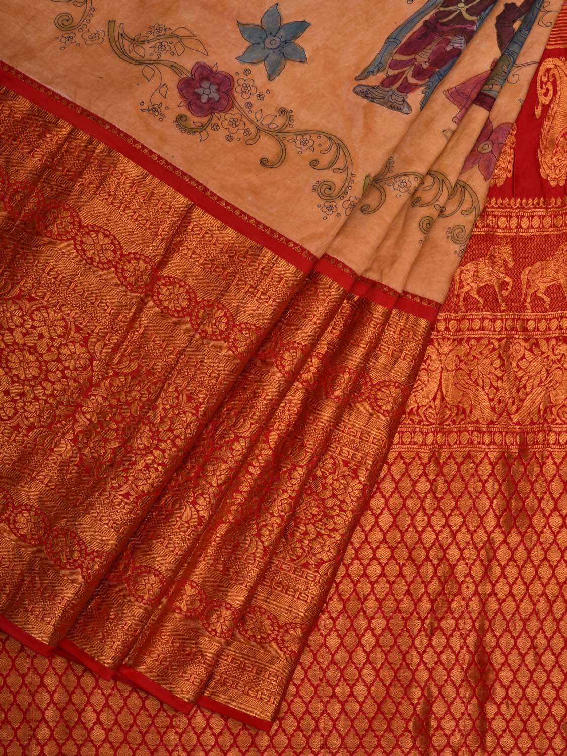 Light Yellow Kalamkari Hand Painted Kanchipuram Silk Handloom Saree with Dashavatar Design - Global Threads | Swadesiicart