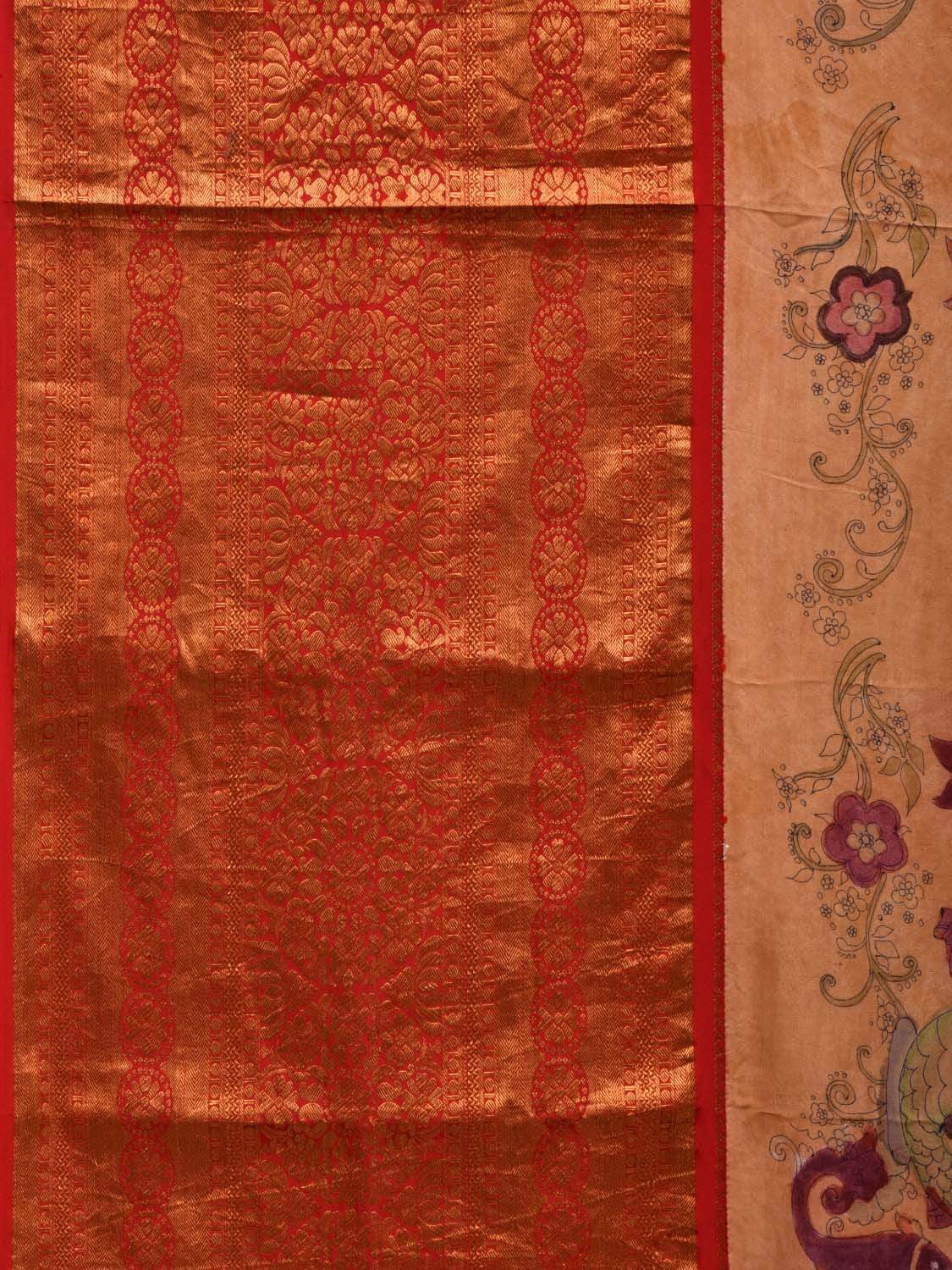 Light Yellow Kalamkari Hand Painted Kanchipuram Silk Handloom Saree with Dashavatar Design - Global Threads | Swadesiicart