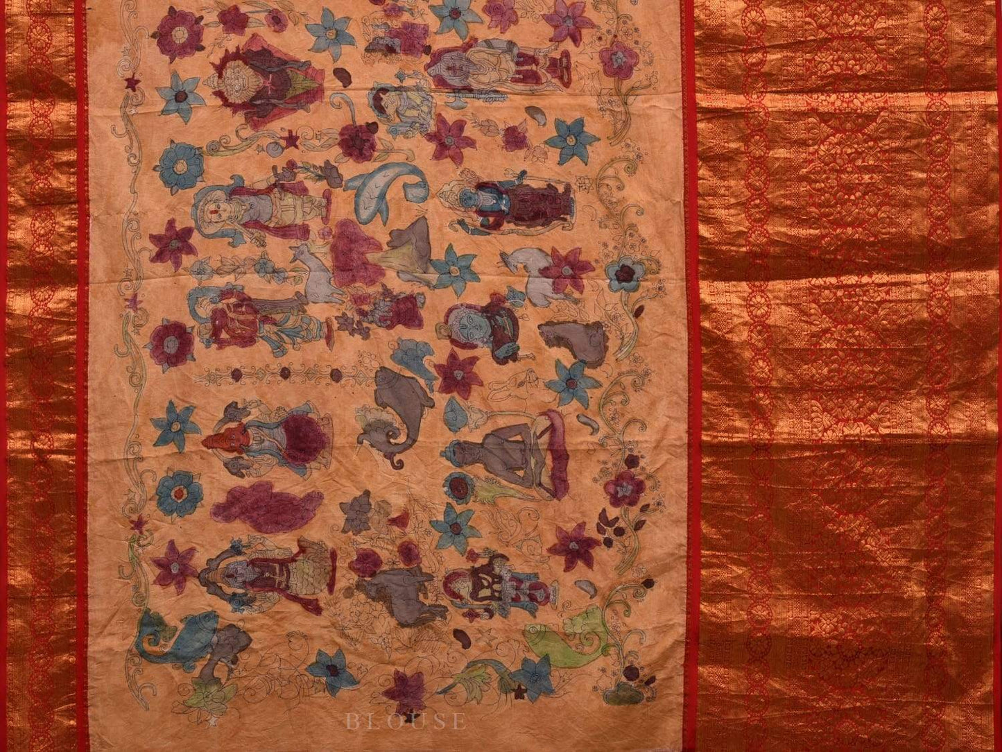 Light Yellow Kalamkari Hand Painted Kanchipuram Silk Handloom Saree with Dashavatar Design - Global Threads | Swadesiicart