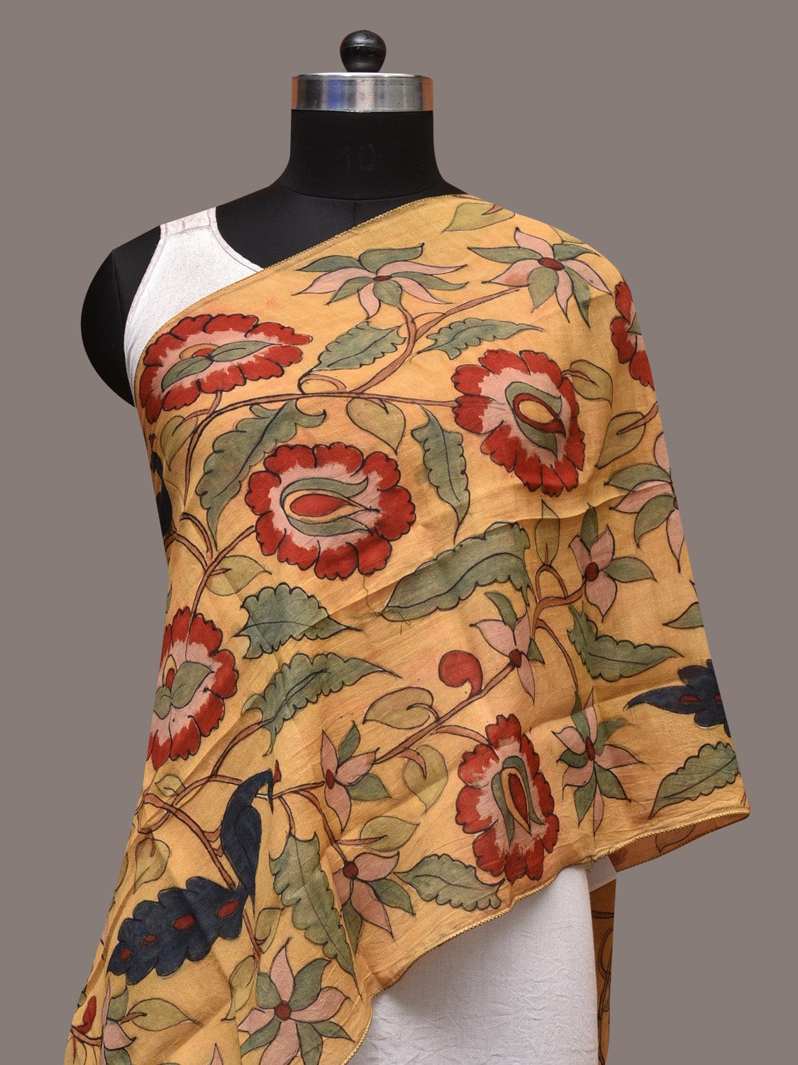 Light Yellow Kalamkari Hand Painted Sico Stole with Floral and Peacocks Design - Global Threads | Swadesiicart