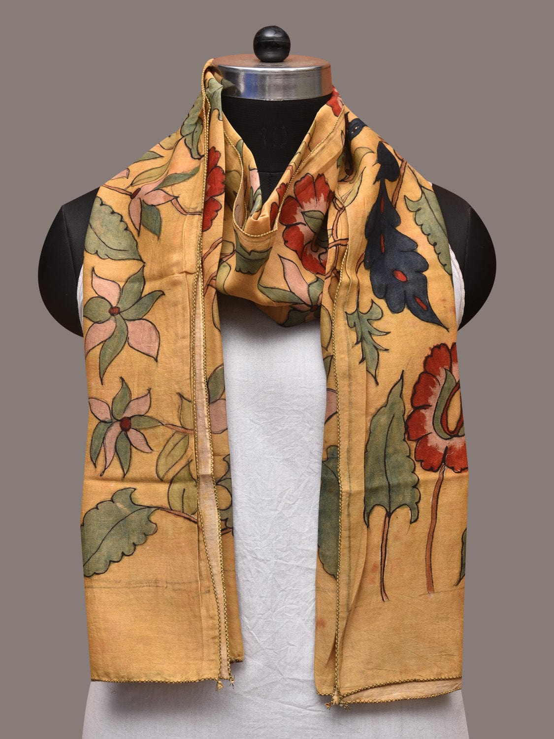 Light Yellow Kalamkari Hand Painted Sico Stole with Floral and Peacocks Design - Global Threads | Swadesiicart