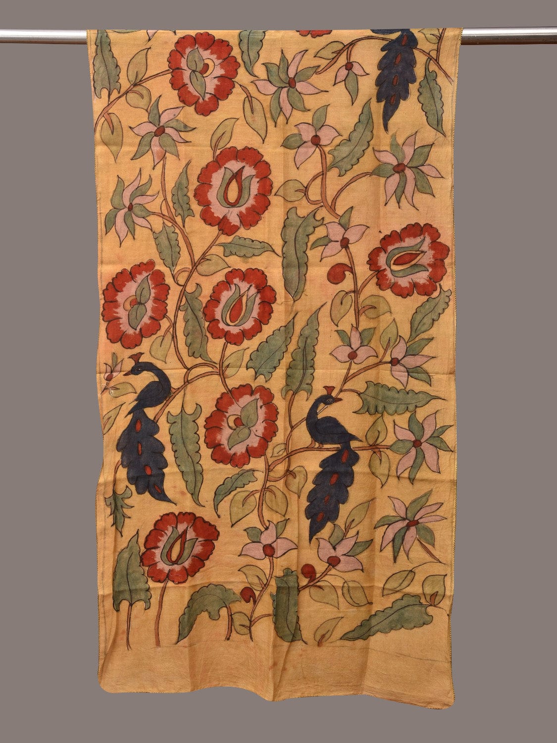 Light Yellow Kalamkari Hand Painted Sico Stole with Floral and Peacocks Design - Global Threads | Swadesiicart