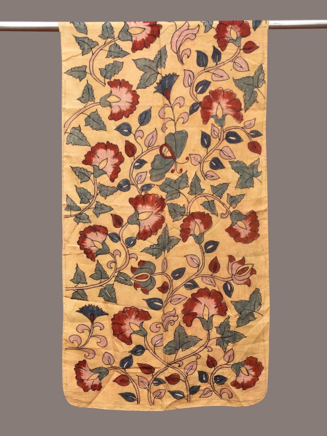 Light Yellow Kalamkari Hand Painted Sico Stole with Floral Design - Global Threads | Swadesiicart