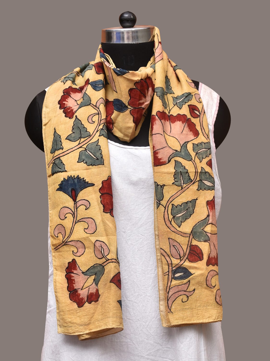 Light Yellow Kalamkari Hand Painted Sico Stole with Floral Design - Global Threads | Swadesiicart