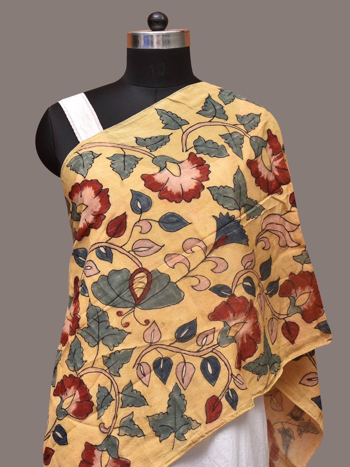 Light Yellow Kalamkari Hand Painted Sico Stole with Floral Design - Global Threads | Swadesiicart