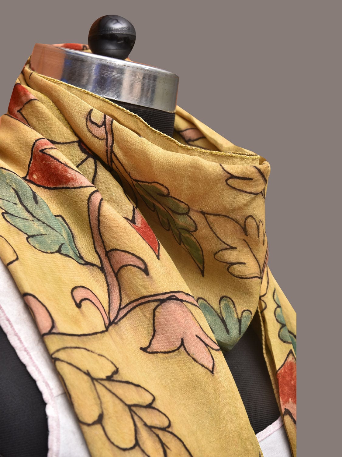 Light Yellow Kalamkari Hand Painted Sico Stole with Floral Design - Global Threads | Swadesiicart