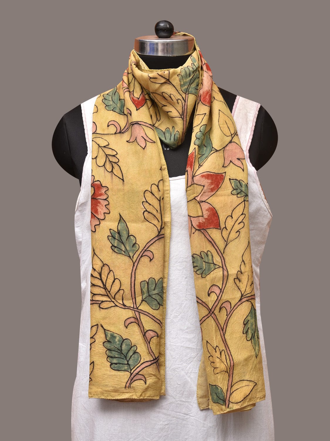 Light Yellow Kalamkari Hand Painted Sico Stole with Floral Design - Global Threads | Swadesiicart