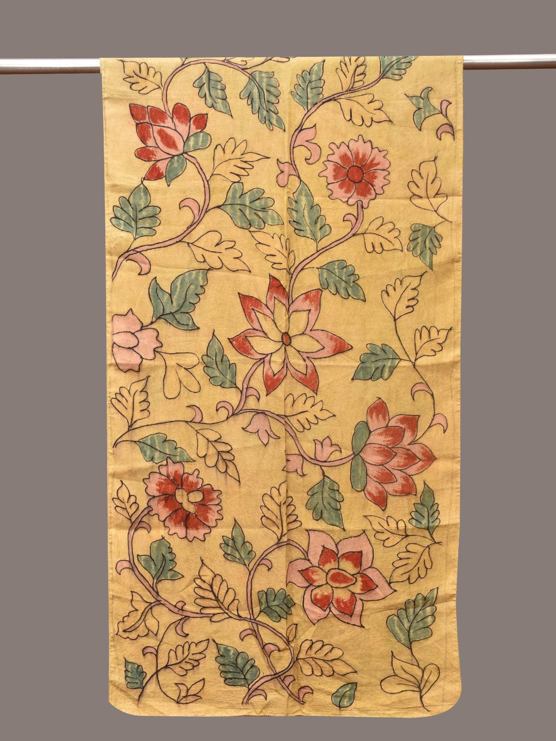 Light Yellow Kalamkari Hand Painted Sico Stole with Floral Design - Global Threads | Swadesiicart