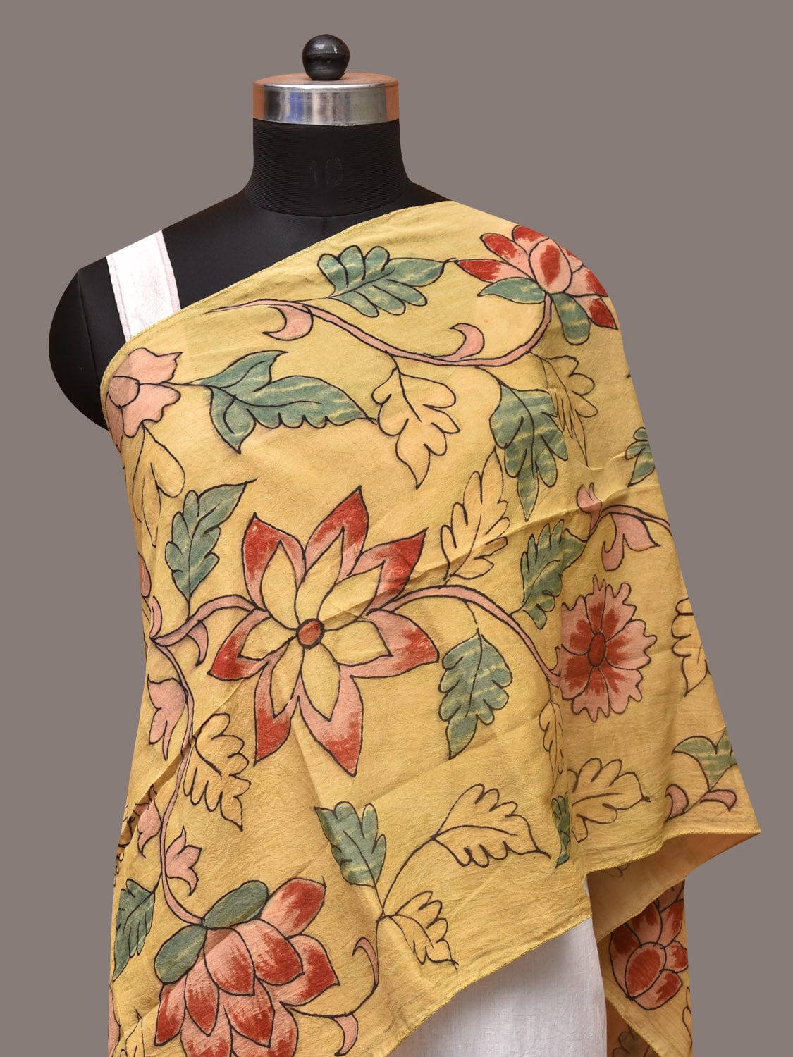 Light Yellow Kalamkari Hand Painted Sico Stole with Floral Design - Global Threads | Swadesiicart